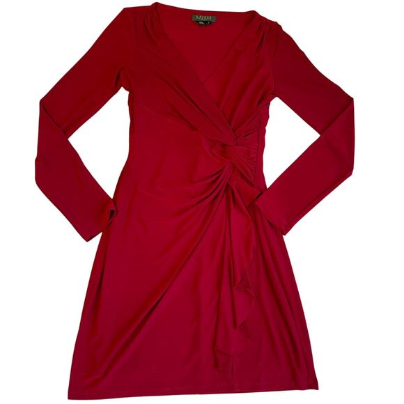 Ralph Lauren Faux Wrap Red Classic Long Sleeve Mini Wrap Dress Size 2 - Picture 1 of 13